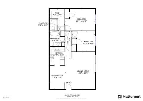Floor plan for 2 beds, 1.5 baths, 847 sqft
